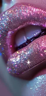 Close-up of sparkling glitter lips with vibrant colors.