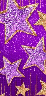 Purple and gold glitter star wallpaper with sparkling details.