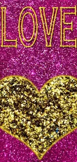 Sparkling gold heart on glittery pink background with 'Love' text.