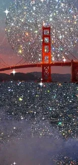 Golden Gate Bridge with sparkling water at night view in artistic wallpaper.