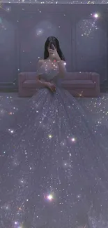 Woman in a sparkling gown with stars in a dreamy, purple-lit room.