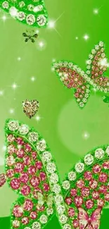 Green jeweled butterflies sparkling on a vibrant mobile wallpaper.