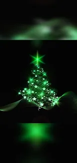 Vibrant green Christmas tree with stars on a dark background.