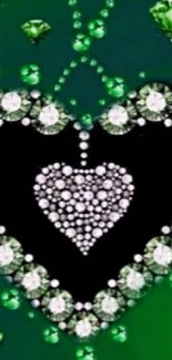 Green heart wallpaper with sparkling crystals.