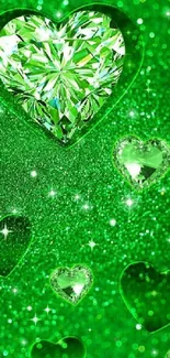 Emerald green heart wallpaper with glitter sparkle effect.