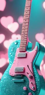Sparkling guitar with bokeh hearts background