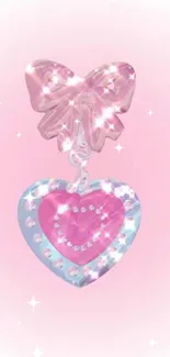 A sparkling pink heart and bow mobile wallpaper design.