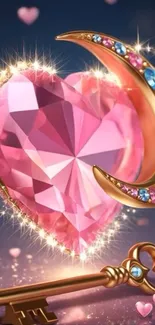 Sparkling pink heart with jeweled crescent and golden key wallpaper.