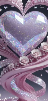 Shimmering heart with pink roses and butterflies wallpaper.