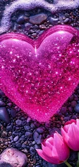 Sparkling pink heart with tulips on stones.