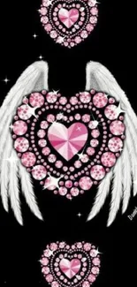 A sparkling heart with wings on a black background.