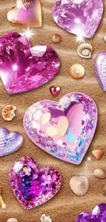 Sparkly heart gems on sandy beach with seashells mobile wallpaper.