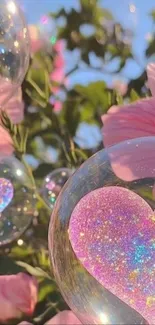 Sparkling heart and bubble floral wallpaper.
