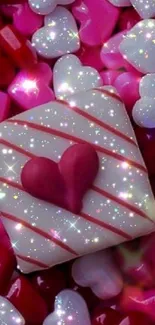 Sparkling heart-shaped candy wallpaper with glossy pink and red hearts.