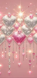 Glittering hearts mobile wallpaper with pink and silver tones.