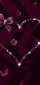 Wallpaper with a sparkling heart and jeweled bow on a dark magenta background.