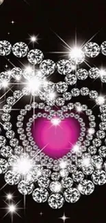 Sparkling diamond heart with pink gem on black background wallpaper.