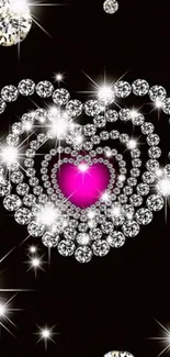 A black wallpaper with a dazzling diamond heart and pink center.