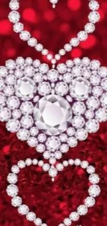 Glittering diamond hearts on a red sparkling background wallpaper.