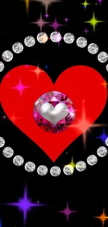 Red heart with diamond circle mobile wallpaper.