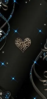 Sparkling heart with floral and star accents wallpaper.