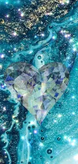 Sparkling heart against a teal cosmic galaxy background with shimmering stars.