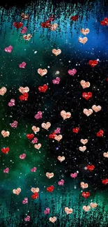 Mobile wallpaper with colorful hearts set against a galaxy background.