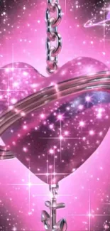 Pink galaxy-themed heart wallpaper with sparkles and a ring.