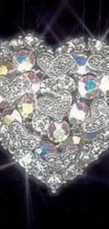 Sparkling heart gem with crystals on dark background.