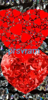 Red heart-shaped gemstone with sparkling background.