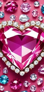 Pink heart-shaped gemstone surrounded by various jewels on a vibrant background.