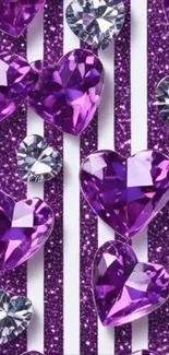 Purple heart-shaped gems with glitter stripes wallpaper.