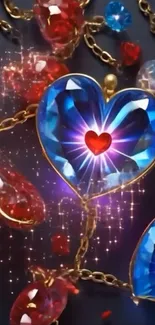 Heart-shaped blue gemstone with red accents on chain.