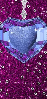 Purple glitter wallpaper with sparkling blue heart gem.