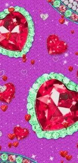 Purple wallpaper with sparkling red gemstone hearts.