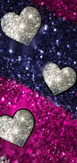 Shiny heart-shaped glitter wallpaper with vibrant pink and dark blue hues.