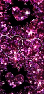 Sparkling magenta heart glitter wallpaper background.