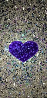 Purple glitter heart on a sparkling silver background.