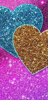 Vibrant wallpaper with glitter hearts in blue and gold on a pink background.