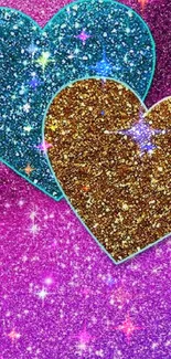 Glittery hearts on a pink and purple background with sparkling details.