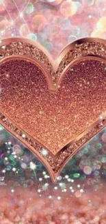 Rose gold glitter heart mobile wallpaper with sparkling effects.