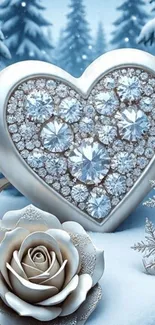 Heart-shaped diamond with snowy background.