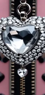 Heart-shaped jewel with sparkling gems on pink background.