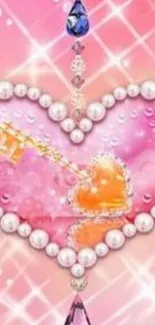 Sparkling heart key with pink jewels and pearls.