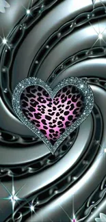 Sparkling leopard heart on metallic swirl wallpaper.