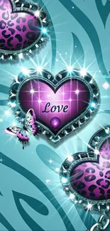 Purple jeweled heart with butterflies and stars.