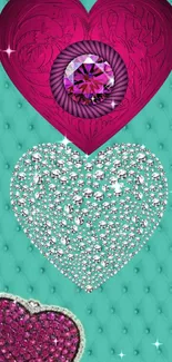 Sparkling turquoise wallpaper with multicolored hearts and gemstones.