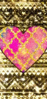 Vibrant pink heart on golden background mobile wallpaper.