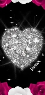 Sparkling heart wallpaper with roses border.