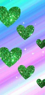 Glittery green hearts on a colorful gradient mobile wallpaper.